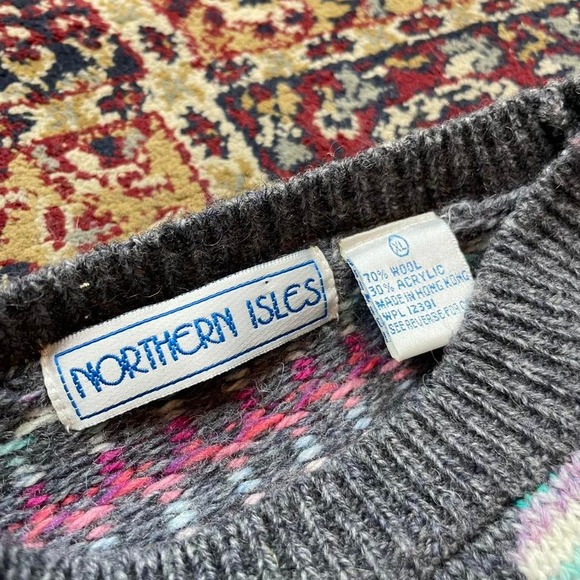 VTG 80s 90s Northern Isles 3d knit striped abstract pattern sweater XL grey pink - Picture 4 of 4